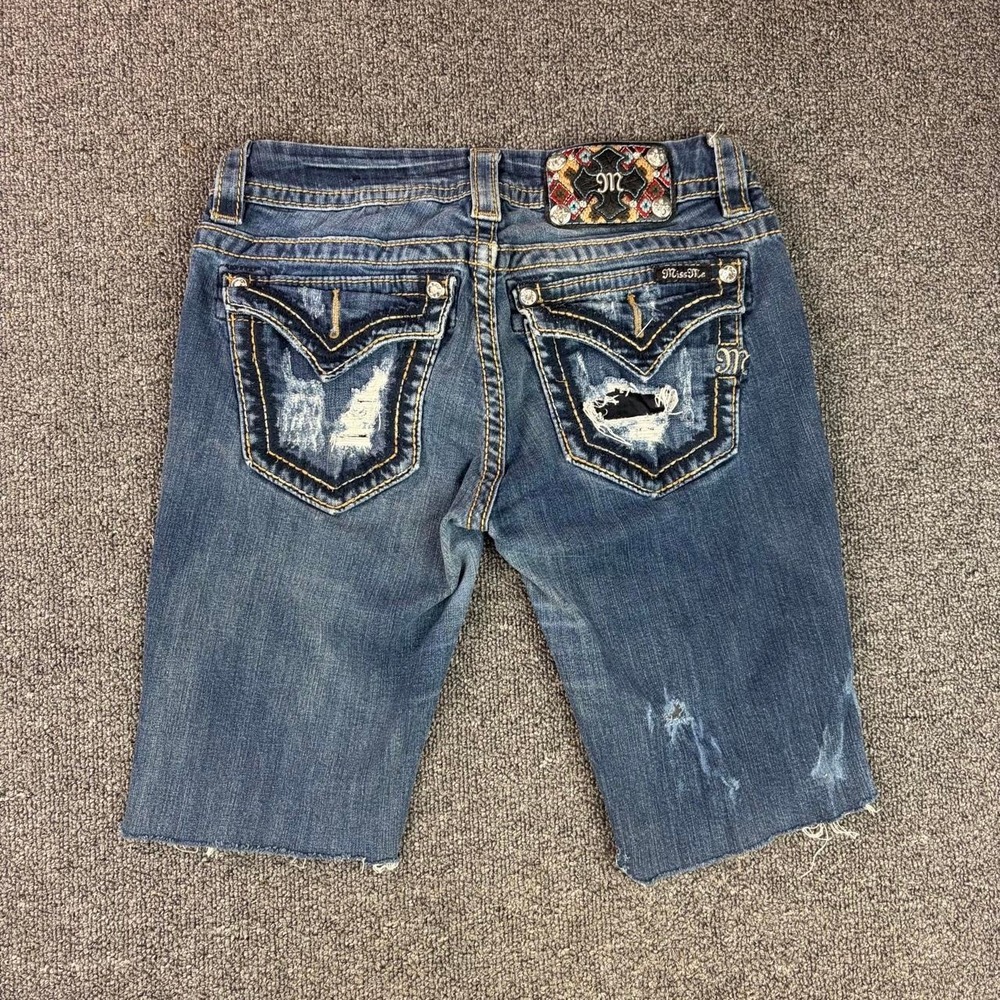 Miss Me Signature Boot Cut Off Jean Shorts Distressed Y2K Bling Denim Womens 27